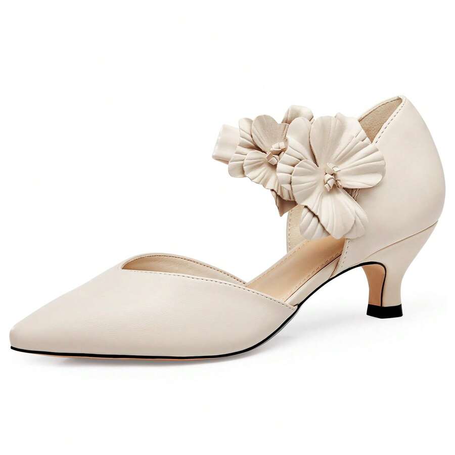 Women's Pointed Toe Kitten Heels - Closed Toe Floral Embellished With Cushioned Insole Christmas Gift & New Year Gift - Apricot - View 1