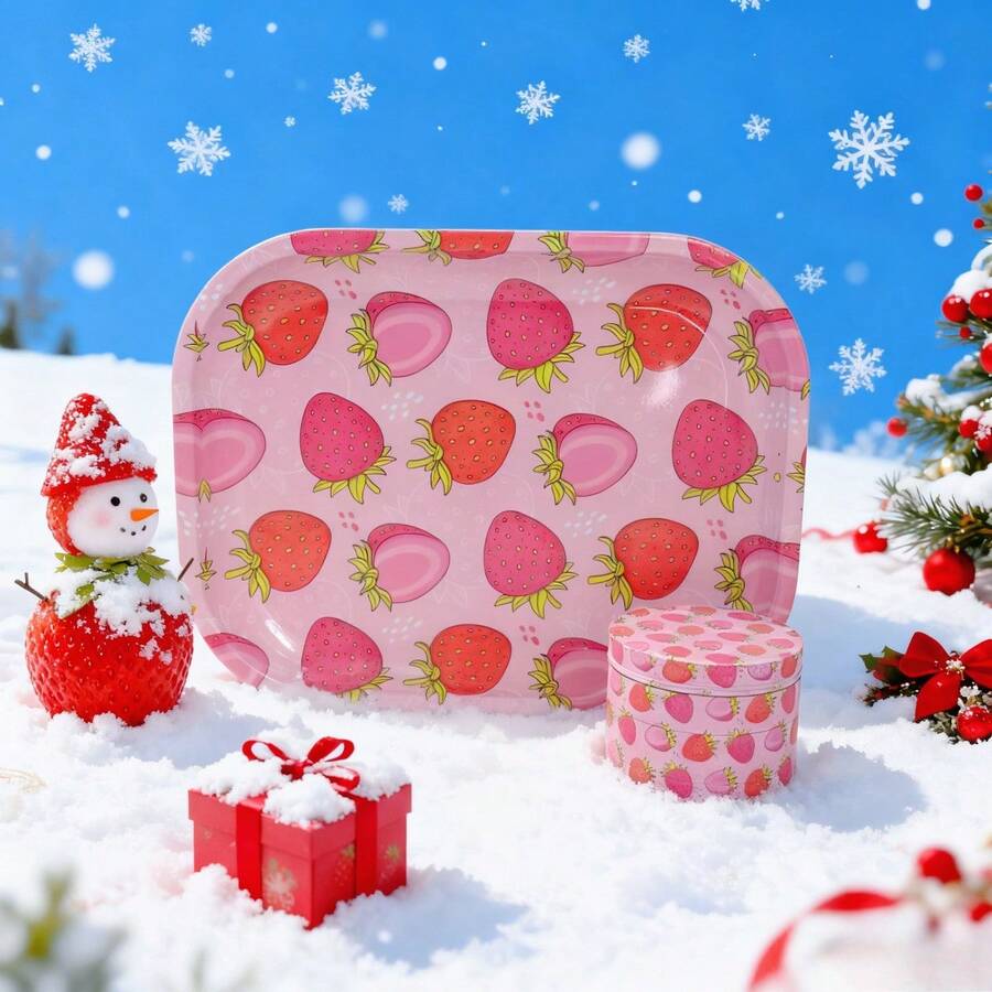2pcs Rolling Tray Set W/Box Package, Strawberry Lovers Can't Miss It! Includes - Strawberry Grinder, Classic Size Rolling Tray |  Smoking Accessories Kit, For Besties, Friends, Girls And Any Smokers - 粉色 - 查看 1