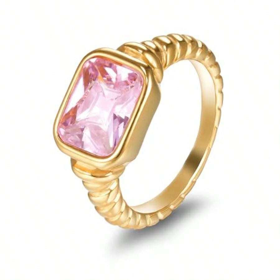 Pink Cubic Zirconia Cocktail Ring Gold Plated Vintage Statement Jewellery For Women Size 8