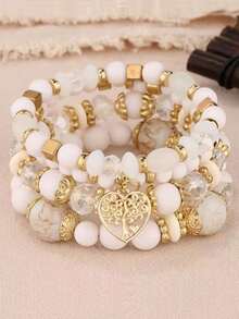 Set Of 4 Vintage & Elegant  Style Colorful Acrylic Beaded Elastic Bracelets For Women, Suitable For Festivals, Birthdays, Dates, Dances, Parties, Weddings, Holidays, Shopping, Daily Commutes.