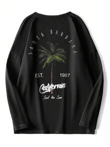 春秋必备！美式加州海滩风男士长袖T恤，圣巴巴拉棕榈树图案，休闲轻薄，适合叠穿。 - 黑色 - 查看 7
