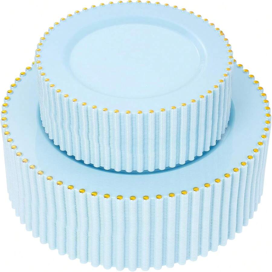 100pcs Plastic Plates With Gold Beads Plates Heavy Duty Party Supplies Includes 10.25inch Dinner Plate And 7.5inch Dessert Disposable Plate For Party,Wedding,Bridal Showers - 藍色 - 查看 1