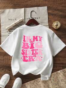 Tween Girl "In My Big Sis Era" Slogan Graphic Round Neck T-Shirt, Summer Top - White - View 2