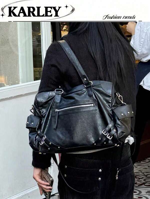 Vintage Fashion Large Capacity Shoulder Tote Bag, Soft Leather Black Retro Big Bag, Casual Bag, Vintage Motorcycle Bag, Versatile Shoulder Crossbody Bag