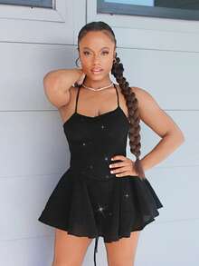 Steph T Elegant Ruffles Hem Slip Dress, Sexy Backless Romper Suitable For Daily Dates, Nightclub Party, Y2K Sparkling Christmas Women Clothes - Black - View 3