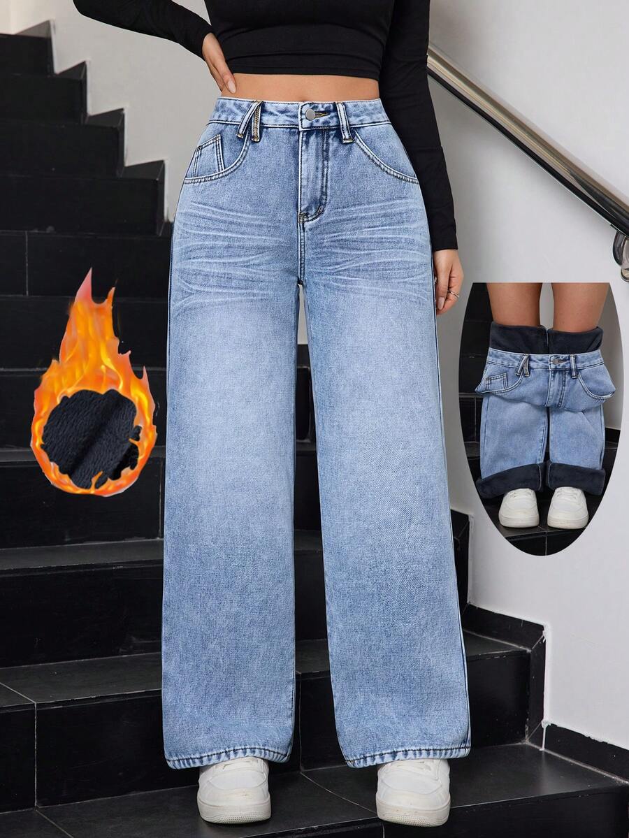 Women's Winter Casual Light Wash Denim Jeans, Long Straight Leg, Non-Stretch Y2K Style, Warm And Comfortable, Suitable For Winter Outfits - Light Wash - View 1