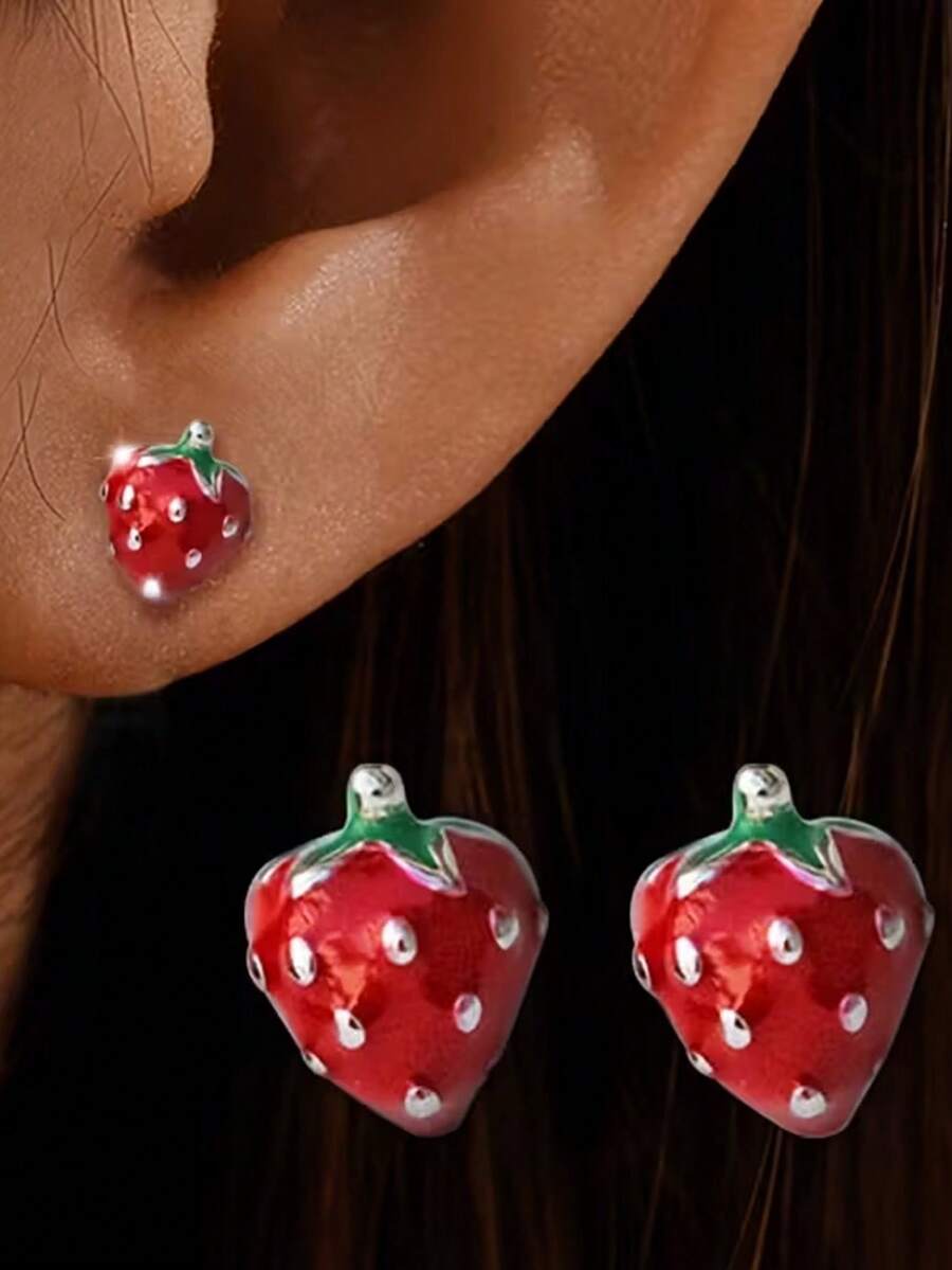 1 Pair S925 Sterling Silver Cute Strawberry Stud Earrings, Perfect Gift Choice For Christmas, Halloween And Thanksgiving, Party Accessories, Holiday Gift, Unique Design, Fashion Jewelry