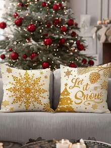 4 pièces Housses de coussin de Noël dorées avec motifs de sapin de Noël et flocons de neige - Décoration festive de Noël avec les textes "Merry Christmas" et "Laissez-le neiger", avec fermeture éclair, lavables en machine, parfaits pour le canapé, le divan ou le porche, décoration extérieure de la maison, décorations de Noël - Doré - Voir 6