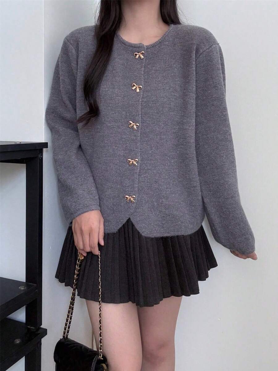 女士蝴蝶结装饰长袖宽松休闲上衣，适合日常穿着 - 灰色 - 查看 1