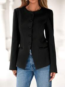 Women Long Sleeve Blazers Casual Open Front Button Down Jacket Spring Fall Autumn Winter Work Office Business Suit Dressy Blazer Outfits - 黑色 - 查看 1
