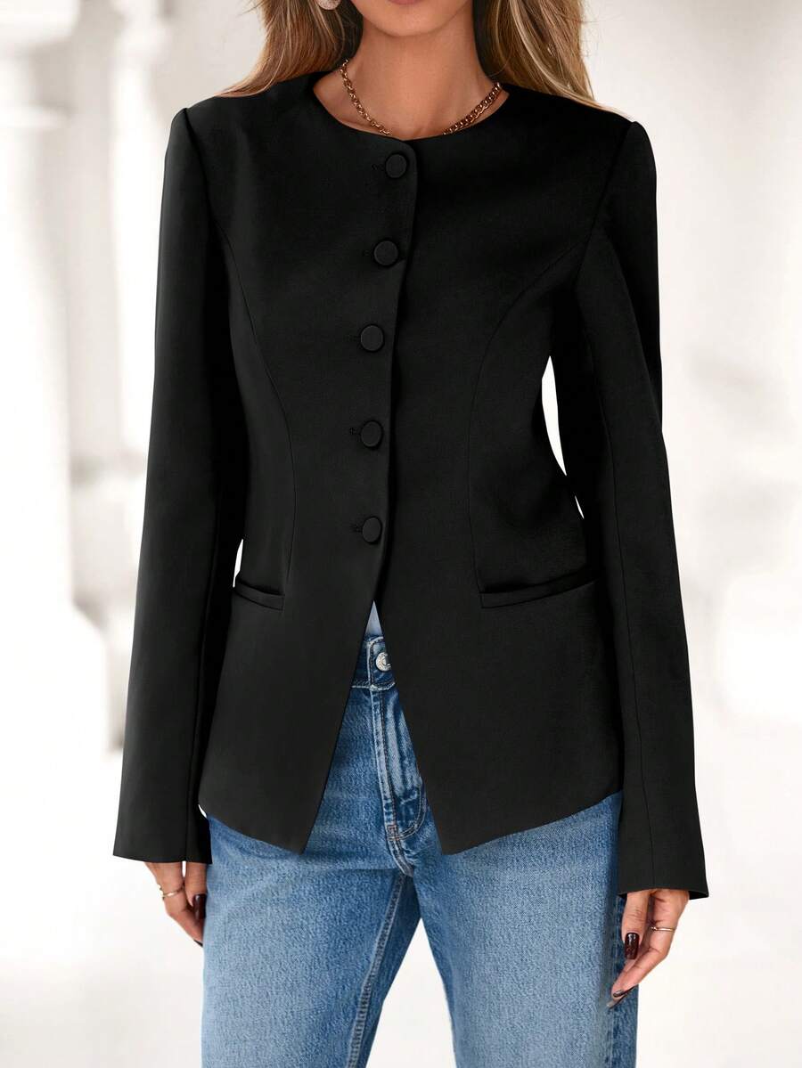 Women Long Sleeve Blazers Casual Open Front Button Down Jacket Spring Fall Autumn Winter Work Office Business Suit Dressy Blazer Outfits - 黑色 - 查看 1