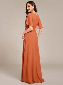 This Chiffon Bridesmaid Dress In Burnt Orange Features Embroidered Appliques, Ruffle Sleeves, And Pleating, Making It A Formal Long Dress Suitable For Wedding Guests. - Burnt Orange - View 3