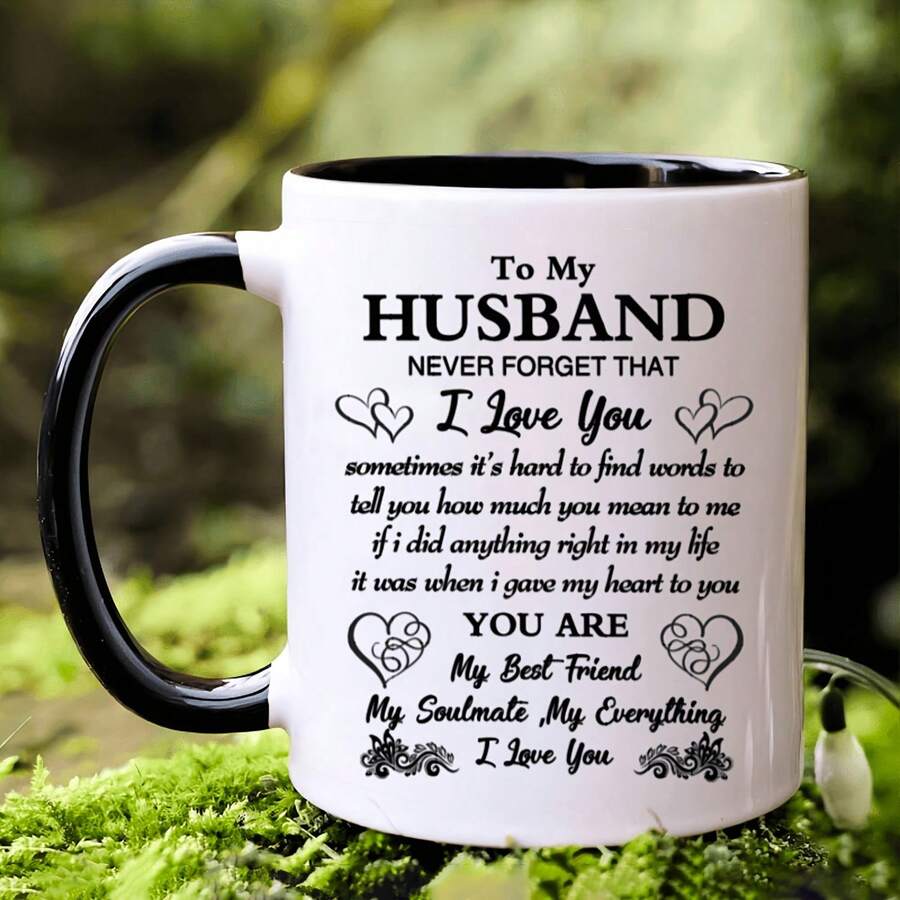1pc 11.1oz/330ml Creative Letter Printed Ceramic Mug Cup, Portable Wide Mouth Coffee Cup With Gift Box, Suitable For Outdoor Camping, Picnic, Travel, Gift - Wife - View 1