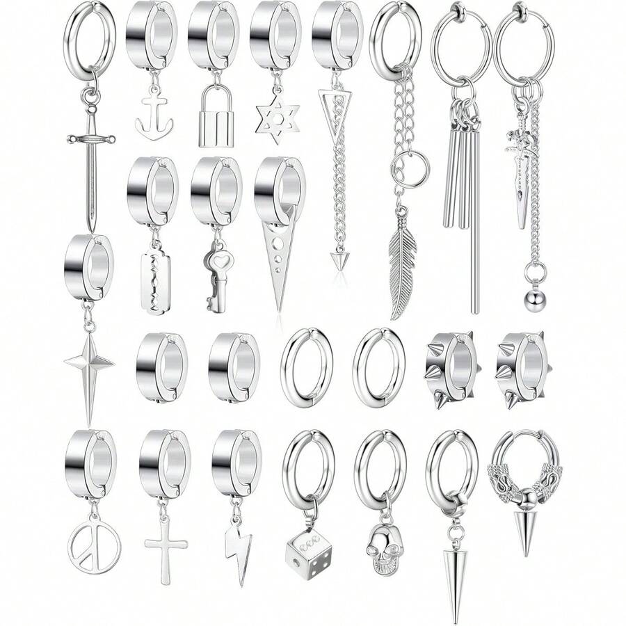 Thunaraz 25 Pcs Clip On Earrings For Men Stainless Steel Cross Chain Dangle Earrings Black Fake Earrings For Men Women Non Pierced Huggie Hoop Earrings Set - 銀色 - 查看 1
