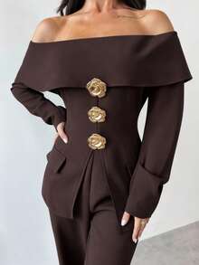 Solid Color Elegant Waist Cinched Metal Decor Off Shoulder 2 Pieces Set