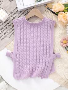 Girls' Round Neck Knitted Solid Color Pullover Sweater Vest With Side Bow Design, Spring/Summer/Autumn - Mauve Purple - View 6