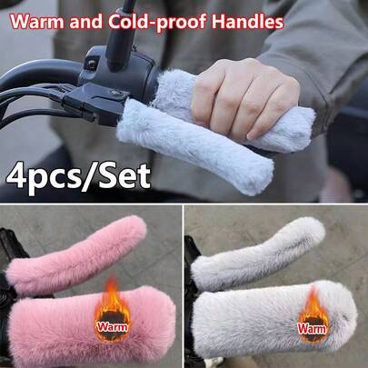 4pcs/2 Pairs Warm Bicycle Handlebar Covers, Thick Winter Motorcycle Electric Bike Plush Handlebar Sleeves, Soft & Comfortable Brake Covers, Suitable For Motorcycles, Mopeds, Tricycles And Bicycles, Outdoor Riding Accessories