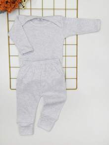 2 Peças/ Conjunto Bebê Recém Nascido Segunda Pele Outono e Inverno Malha Canelada / Conjunto Body Manga Longa e Calça Pé Reversível 0 à 6 Meses Pijama Meia Estação Presente Chá Revelação - Cinza - Visão 2