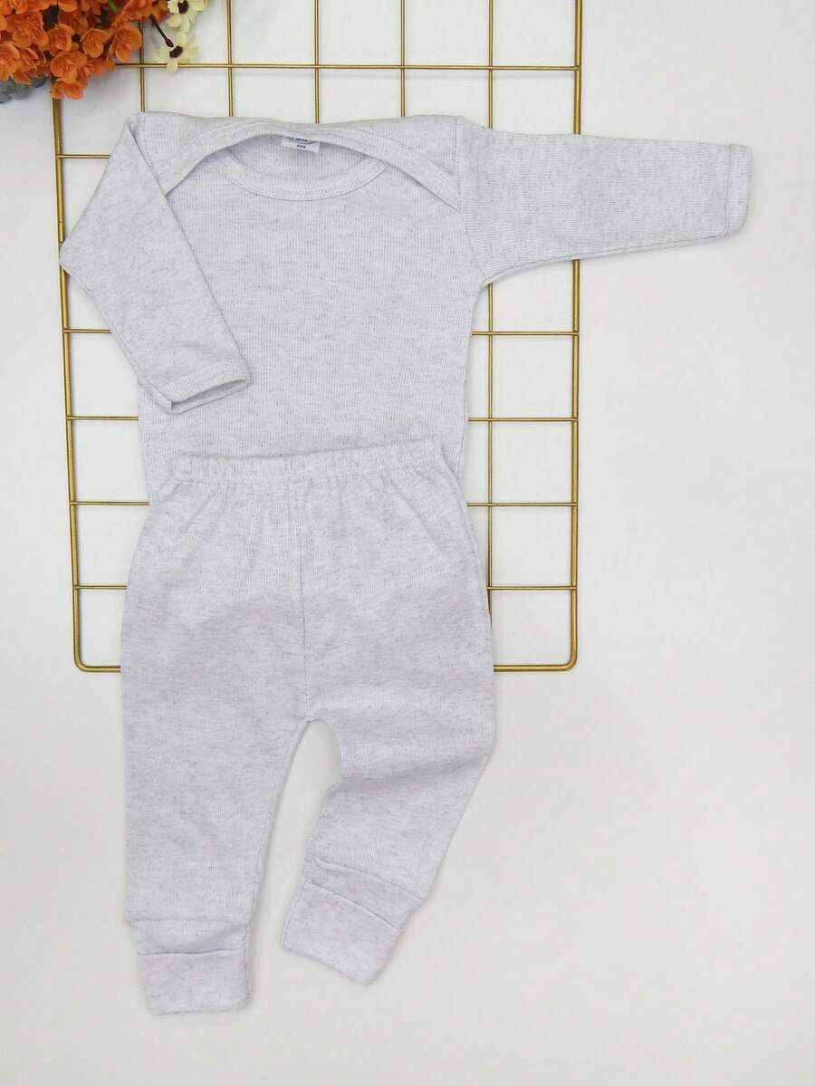 2 Peças/ Conjunto Bebê Recém Nascido Segunda Pele Outono e Inverno Malha Canelada / Conjunto Body Manga Longa e Calça Pé Reversível 0 à 6 Meses Pijama Meia Estação Presente Chá Revelação