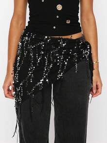 Women Belly Dance Sequin Tassel Hip Scarf Triangle Belt Wrap Skirts Music Festival Sheer Mesh Waist Chain - 黑色 - 查看 1