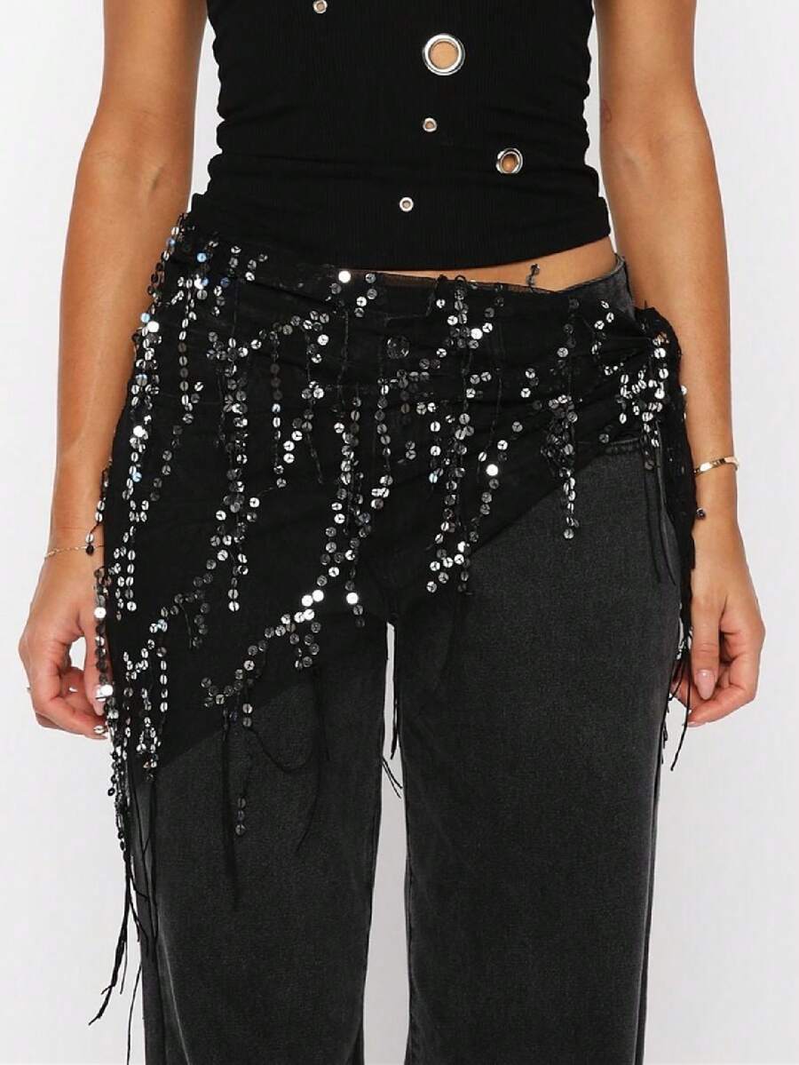 Women Belly Dance Sequin Tassel Hip Scarf Triangle Belt Wrap Skirts Music Festival Sheer Mesh Waist Chain - 黑色 - 查看 1