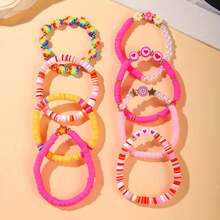 8-Piece Set Of Sweet And Cute Pink Multi-Layered Soft Clay Bracelets With Floral And Heart Motifs, Suitable For Valentine's Day, Women's Music Festivals, And Parties - 粉色 - 查看 5