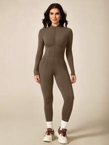 NcmRyu 1 Stück Damen Reißverschluss Langarm Gerippter Gefütterter Jumpsuit
