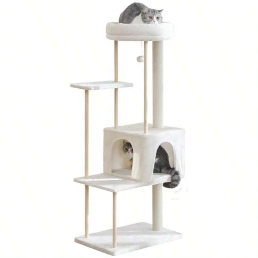QY- 56-Inch Large Cat Tree For Indoor Cats Wooden Cat Tower With Condo And Soft Cushions Sisal-Wrapped Scratching Posts Multi-Level Perches For Large Cats Beige -6459 - 如圖 - 查看 1