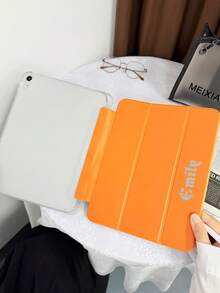 Customized Text Flat Tablet Case, Orange Solid Color, Suitable For IPad Mini4/Mini5/Mini6/Mini7, IPad A16 2025, Air 11 13 M2 M3 Pro 11 13 M4 2024, Air 4 5 10th 10.9, Pro 11 9th 8th 7th 10.2 4th 5th 6th Model A8, Customized Text, Tri-Fold Stand, Built-In Pen Slot, Soft Edge Full Coverage, Minimalist Casual Classic TPU Soft Shell IPad Flip Tablet Case. Note: The Final Font Style Is Subject To The Physical Picture, And There May Be Slight Color Differences. - Orange - View 11