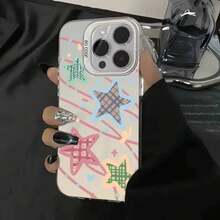 Funda de teléfono minimalista dulce y linda con estilo graffiti estrellas y líneas coloridas sobre fondo plateado compatible con 17 17AIR 17PRO 17PROMAX 11 11pro 11promax 12 12pro 12promax 13 13pro 13promax 14 14PLIUS 14pro 14promax 15 15PLUS 15PRO 15PROMAX 16 16E 16PLUS 16PRO 16PROMAX decoración estrella moderna funda navidad Christmas - Blanco - Ver 3