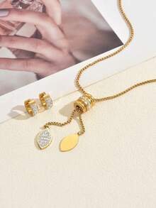 3pcs/Set Stainless Steel Rhinestone Decor Tassel Necklace & Earrings Set, Elegant Luxury Jewelry For Women Party, Date