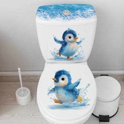 可爱的企鹅马桶贴纸套装，可移除自粘贴花，带有水花和海洋元素，是马桶水箱和盖子的可爱装饰，易于粘贴的艺术品，为有趣的浴室美学增添乐趣