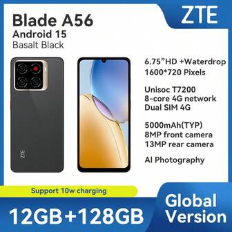  Zte，智能手机，A56，已解锁，Android 15。（4GB RAM+8GB Fusion）+128GB ROM，5000mAh 电池，双 SIM 卡 4G，90Hz，支持 NFC，4G LTE，全球版本