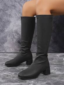 Stivali alti da donna, con chiusura a zip sul retro, tacco chunky, colore unito, stile gotico retrò sexy, adatti per sport, spiaggia, abbigliamento da lavoro, pendolarismo, carini, lucidi, stivali alti per vacanze, matrimoni, scuola, vacanze, feste, ufficio, interno ed esterno, per tutte le stagioni