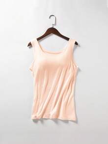 3 Pcs Solid Color Stretch Knit Tank Top, Bottoming Vest T-Shirt, Built-In Padded Cups,  For  Outwear Indoor, Fitness, Parties & Gatherings, Suitable For Fall Winter - Black & Pink & Apricot - 查看 9
