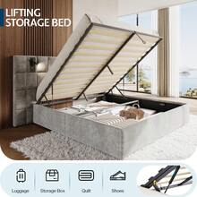 Velvet Upholstered Platform Bed Frame With Lift-Up Storage, Widened Headboard And Built-In Reading Light, Sturdy Structure, No Box Spring Required - Xám - Xem 7