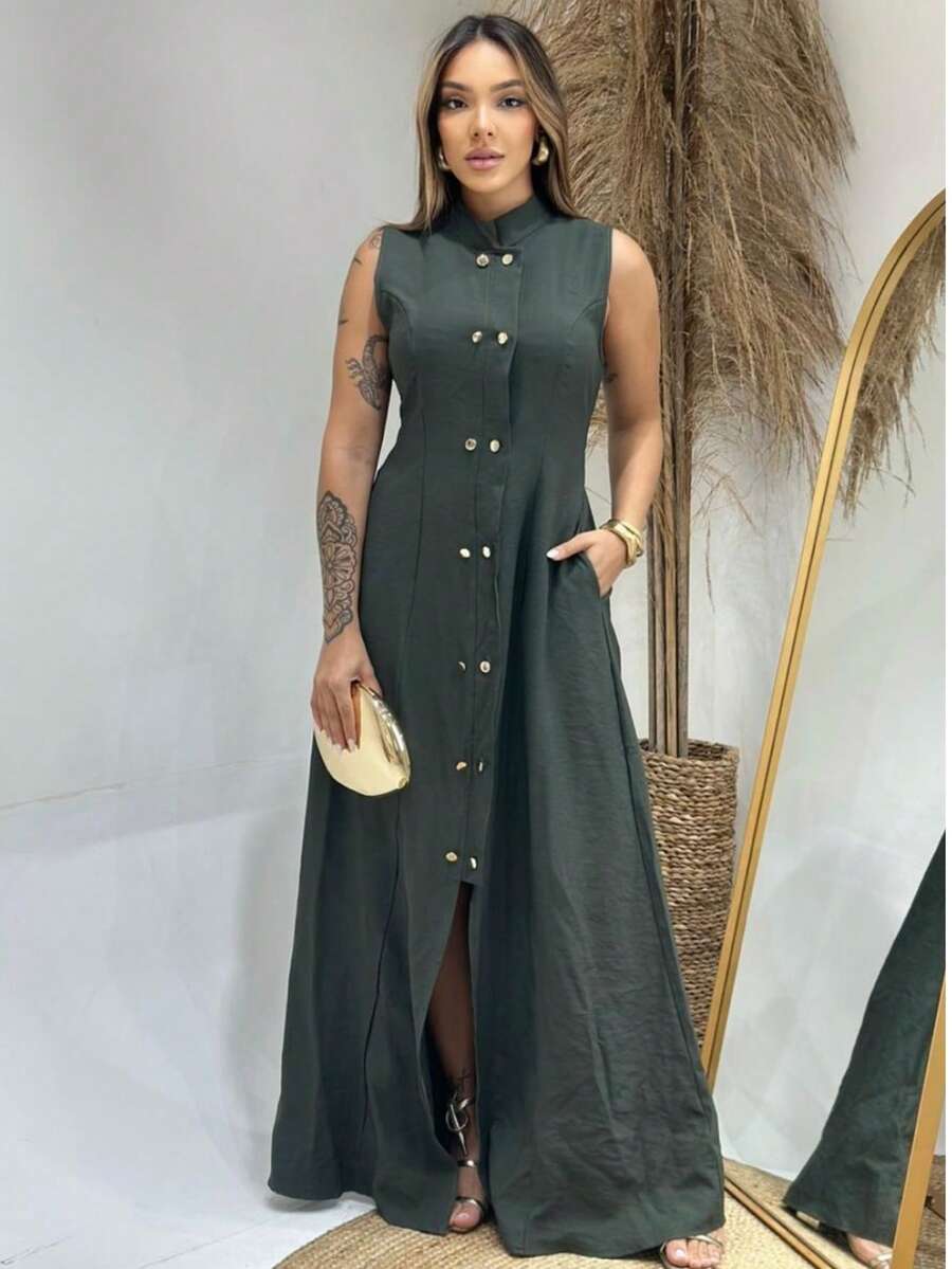 Vestido longo formal fenda festa casamento botões bolso gola alta alfaiataria sensorial marrant moda blogueira