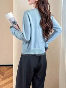 Alicedudu 女士秋冬简约V领二合一毛衣开衫 - 藍色 - 查看 2