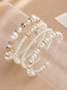 4 Pcs Girls' Pearl Beaded Heart Charm Bracelet Set Valentine's Day Jewelry - 彩色 - 查看 3
