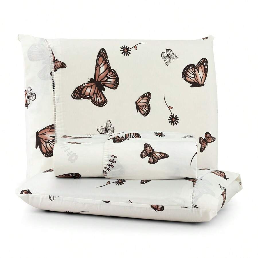 Premium Printed Bed Sheet Set With Elastic + Pillowcases Ponto Palito 200 Thread Count Single Double Queen And King Hypoallergenic - mariposa marrón - Ver 1