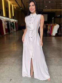 Long Formal Dress Slit Party Wedding Buttons Pocket High Collar Sensorial Tailoring Marrant Fashion Blogger - 白色 - 查看 2