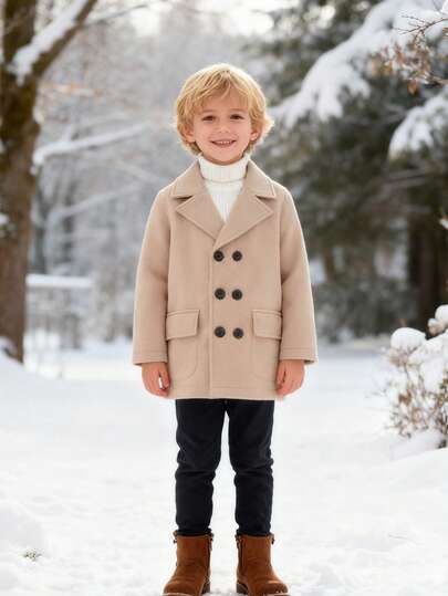 Young Boy Autumn/Winter Double-Breasted Lapel Long Sleeve Symmetrical Flap Pocket Casual Comfortable Woolen Jacket