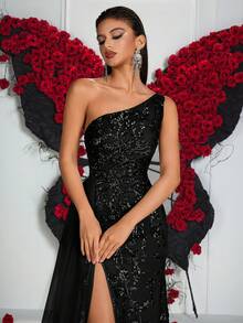 ADYCE Đầm maxi dài, eo cao, chất liệu satin voan mỏng, thắt lưng, đính sequin và thêu tinh tế dành cho nữ (vị trí thêu ngẫu nhiên), thích hợp cho dạ hội, dự đám cưới, tiệc gala trang trọng, lễ hội, hẹn hò, tiệc tối trang trọng, tiệc sinh nhật, tiệc lễ hội, họp mặt gia đình. - màu đen - Xem 8