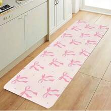 1/2pcs Flannel  Pink Bow Print Polyester Non-Slip Kitchen Mat - Durable, Hand Wash Only, Rectangular Floor Mat For Indoor & Outdoor Use, Ideal For Entryway And Kitchen Decor, Kitchen Floor Mat - 其他 - 查看 4