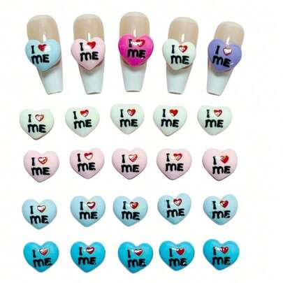 Bộ 30 chiếc/túi phụ kiện trang trí móng tay 3D Kawaii Y2K Dopamine màu hồng trắng hoa hồng đỏ tím xanh hình trái tim chữ tiếng Anh "I Love Me" kiểu Pháp hình quan tài, phụ kiện đá quý, trang trí ốp điện thoại bằng nhựa, mặt phẳng, đồ thủ công Kawaii tự làm.