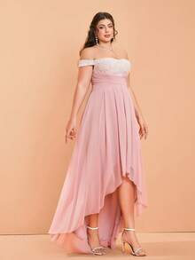 Mgiacy-Pop Plus Size Elegante Vestido Maxi Rosa de Renda e Chiffon com Ombros à Mostra, Manga Curta e Bainha Assimétrica para Mulheres, Verão, Casamento, Festa, Férias & Festival - Baby Rosa - Ver 5