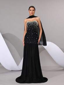 Black Strapless Beaded Pearl Decor Long Dress With Cape Overlay Perfect For Prom, Bridesmaid And Evening Party - Black - View 3
