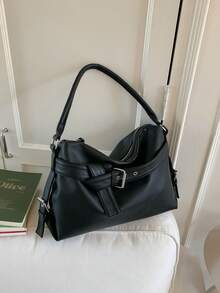 1pc Women's Simple Boston Handbag, Solid Color Versatile Buckle Design Shoulder Bag/Crossbody Bag - Black - View 9