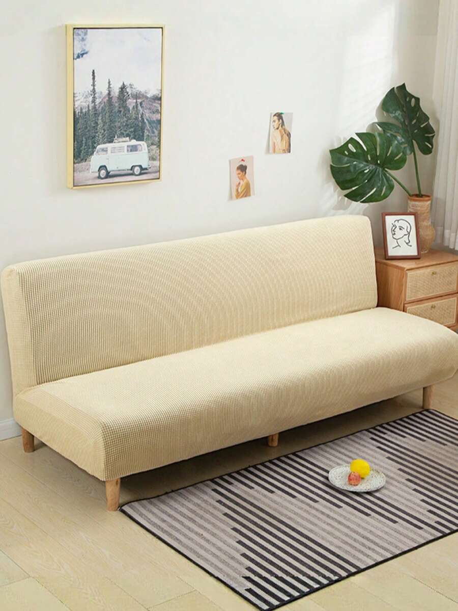 1pc Solid Color Corn Fleece Elastic Armless Sofa/Bed Cover, Suitable For Living Room, Bedroom, Home Use All Seasons