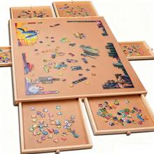 Wooden Jigsaw Puzzle Board Portable Puzzle Storage Table W 6 Slid Drawer 60pcs - Wood Color - View 3